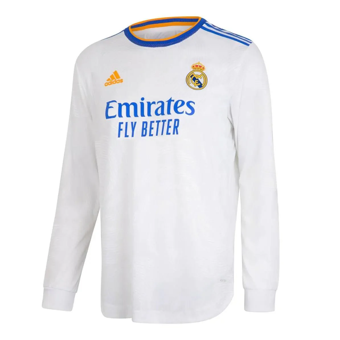 Adidas 2021-22 Real Madrid Home Authentic Long-Sleeve Jersey - White-Blue-Orange