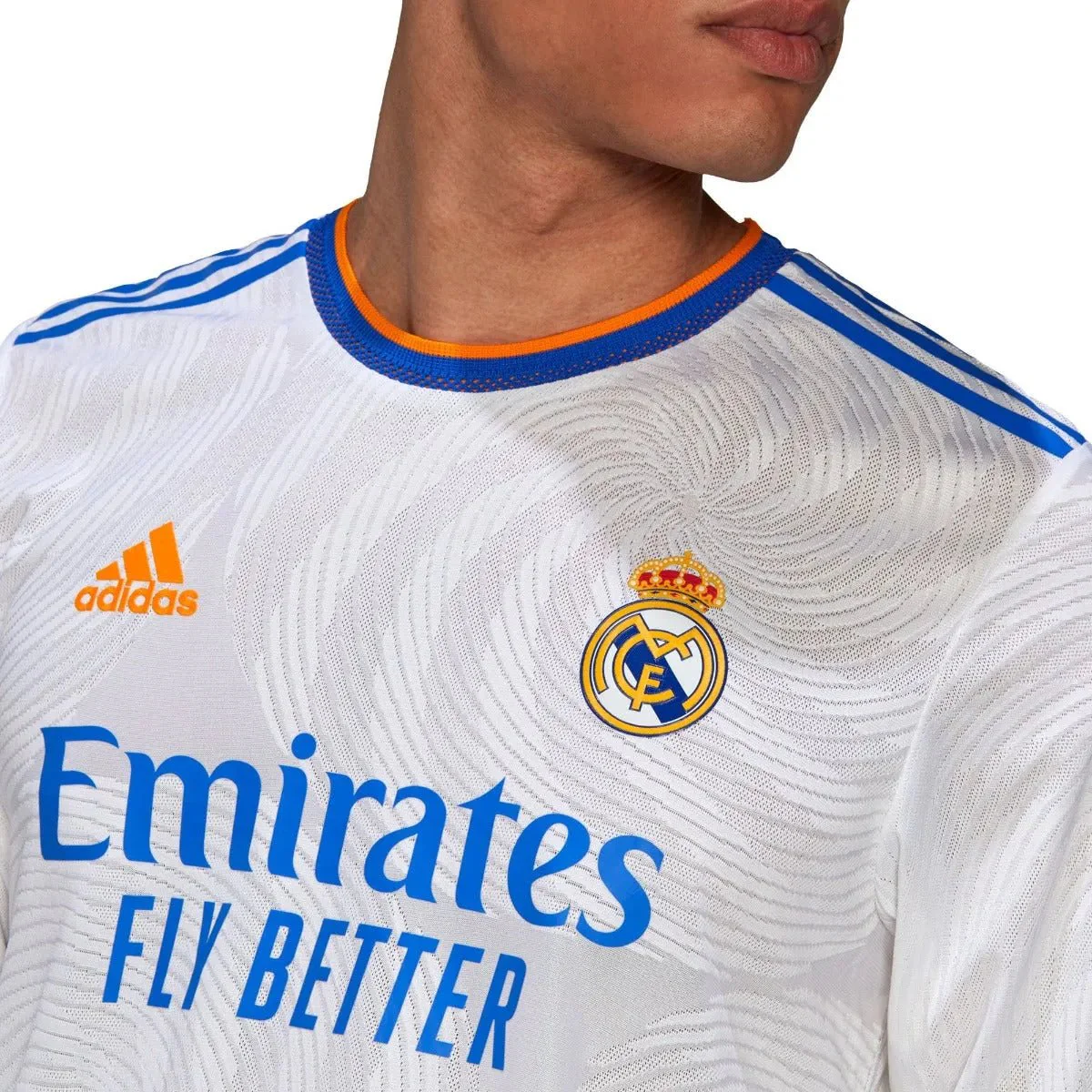 Adidas 2021-22 Real Madrid Home Authentic Long-Sleeve Jersey - White-Blue-Orange - Image 3