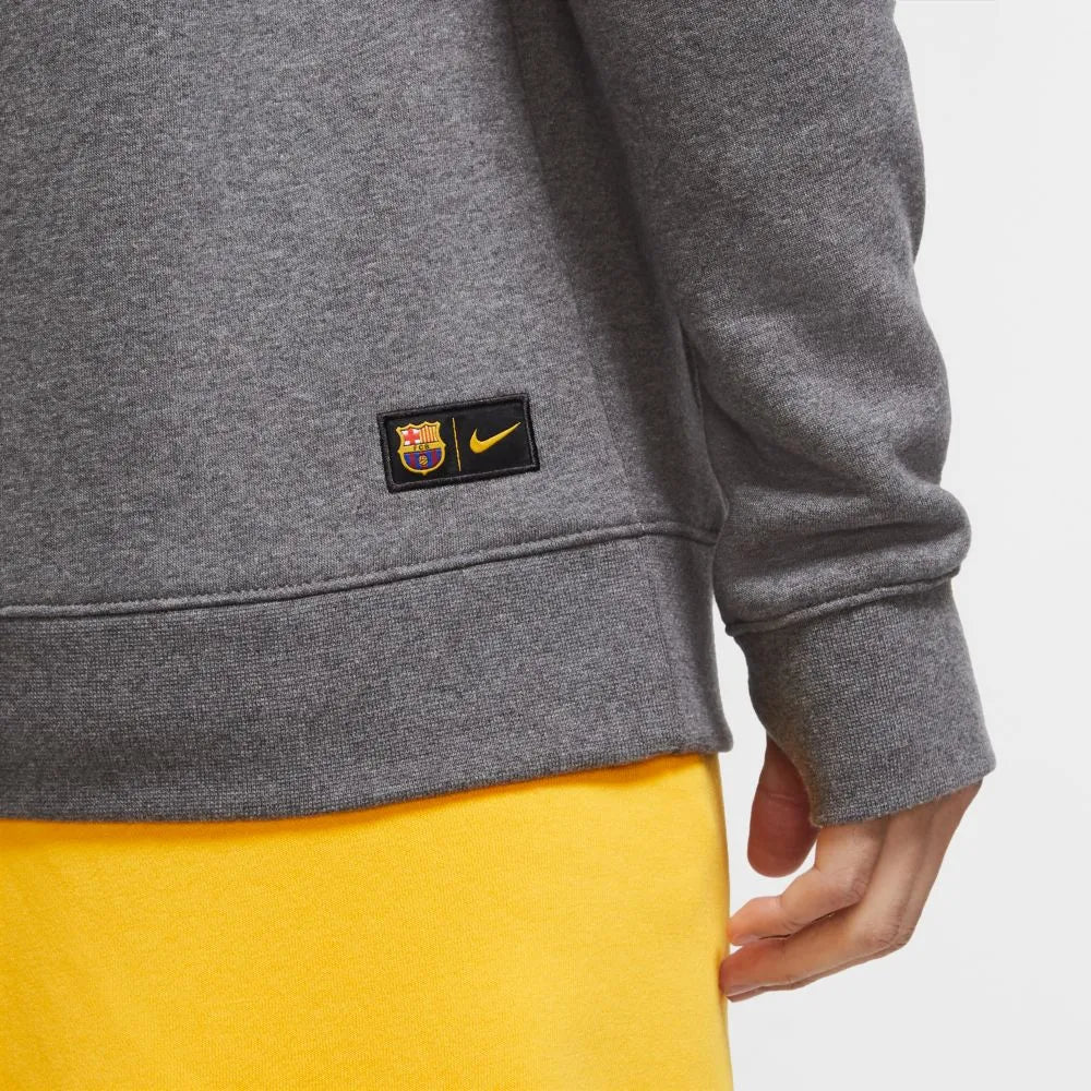 Nike 2020-21 Barcelona Fleece Pullover Hoodie - Grey-Yellow - Image 3