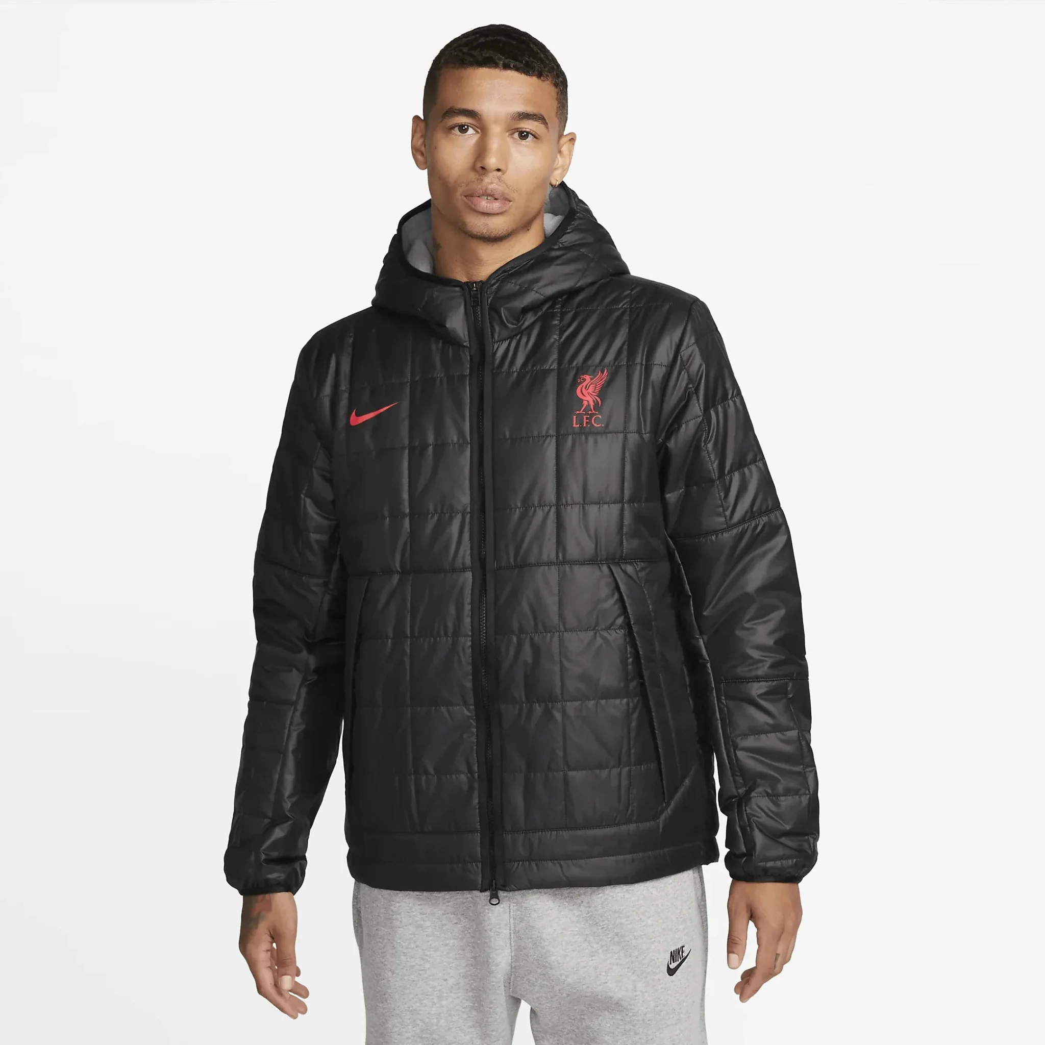 Nike 2022-23 Liverpool FC Fleece-Lined Hooded Jacket - Black-Particle Grey-Siren Red