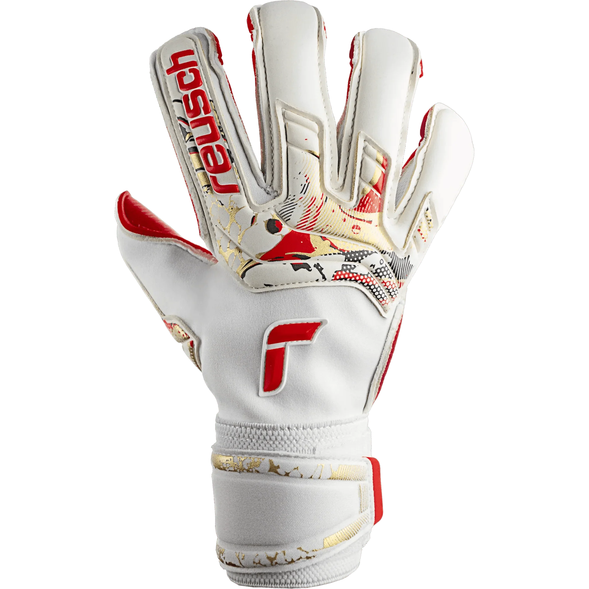 Reusch Attrakt Gold X Glueprint Ortho-Tec FS Goalkeeper Gloves - White-Gold-Red - Image 2