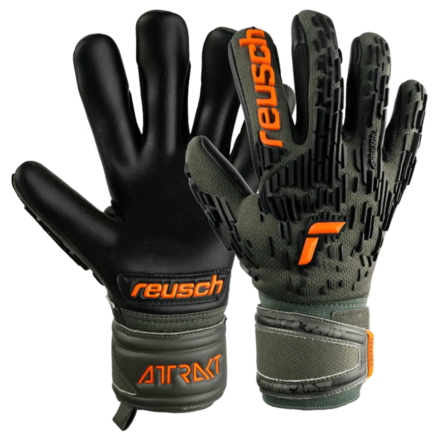 Reusch JR Attrakt Freegel Gold FS Goalkeeper Gloves - Desert Green-Shocking Orange